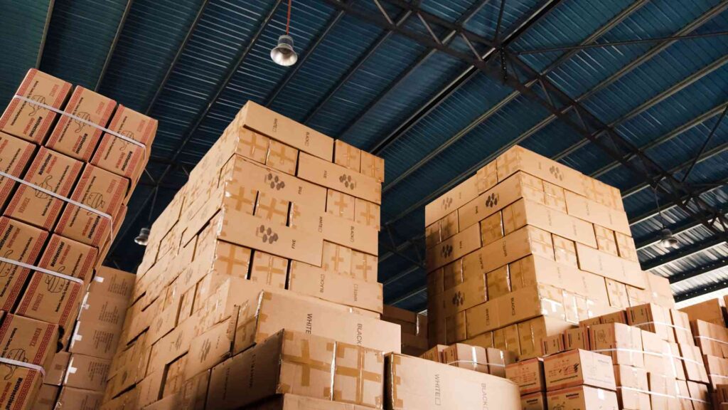 Stacks of products in a warehouse.